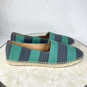 J. Crew Flats Women 8 Navy Green Kely Stripe Canvas Slip On Nautical Espadrilles